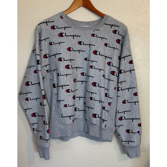 Champion Sweatshirt Men Large Gray Reverse‎ Weave All Over Print Activewear - Picture 1 of 8